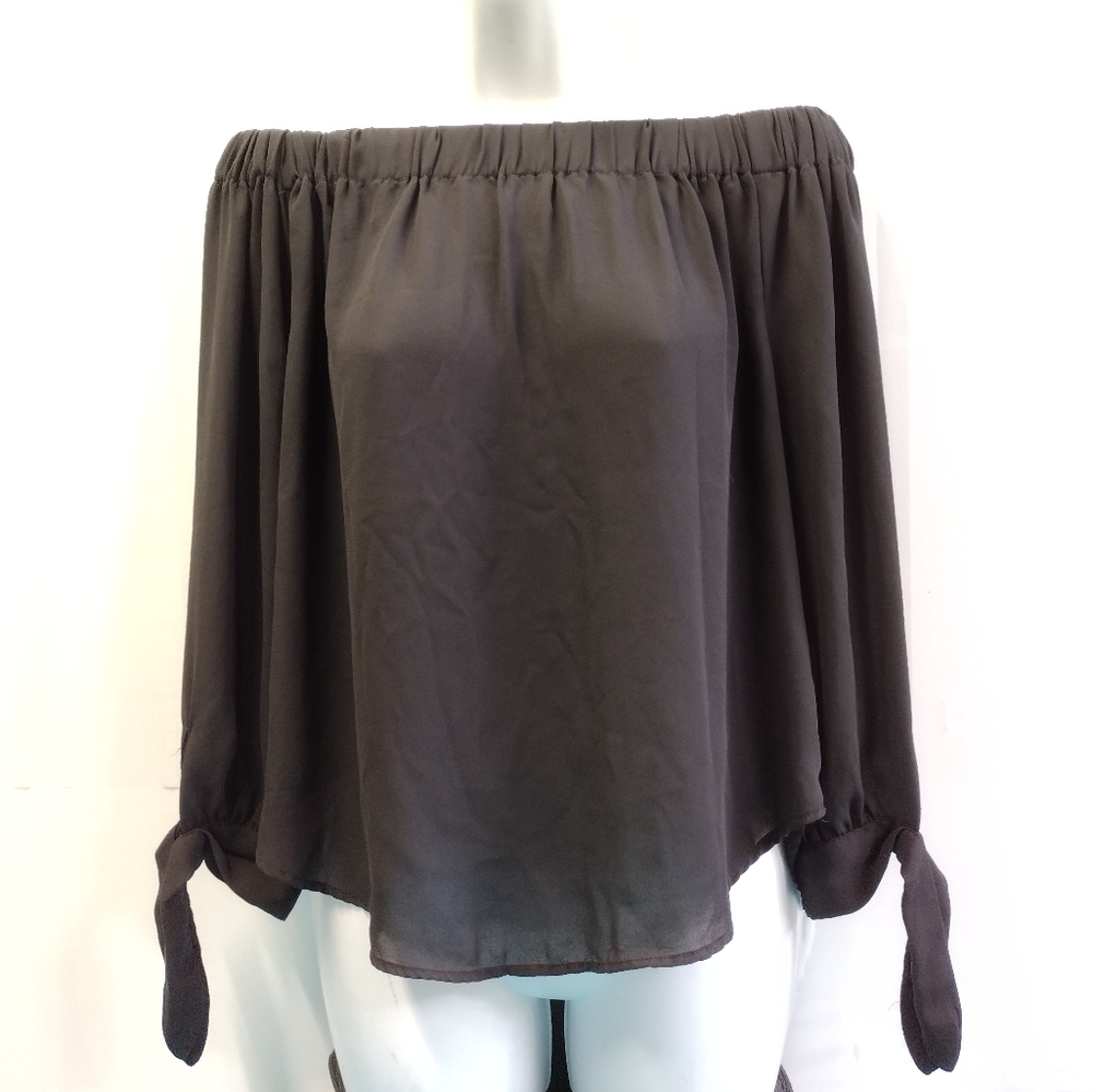 Premise Studio 3/4 Pleasant Sleeve Off the Shoulder Sheer Blouse Black Sz M